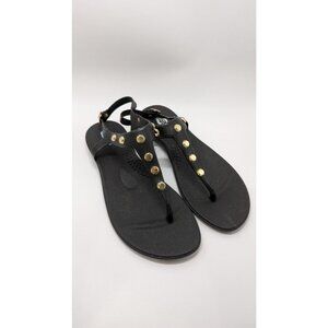 Oka Black/Gold Studded T-Strap Sandals